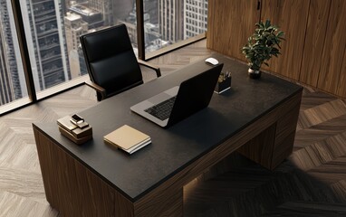 Fototapeta premium Desk with a competitor analysis report, in an empty office with a laptop, strategizing in a business environment