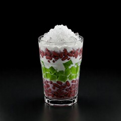 Vietnamese dessert with A glass of che ba mau (three-color dessert) with layers of red beans, pandan jelly, and coconut milk, topped with crushed ice, 