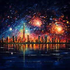 Naklejka premium Vibrant Cityscape at Night with Cosmic Sky and Water Reflections