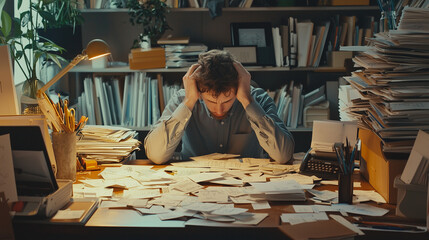 An overworked employee at a cluttered desk, head in hands, as countless emails flood their screen, capturing stress and burnout.