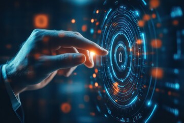 A close-up of a businessman tapping a secure digital lock on a holographic data interface.