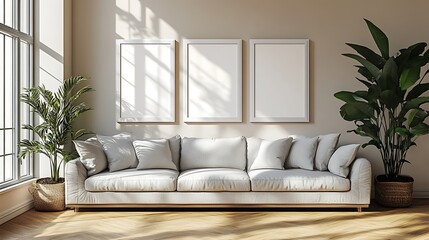 White picture frames on the wall, gallery-style, five blank photo frame mockups with white mats and glass, a modern living room with a grey sofa in front of them, light beige walls, and a wooden floor