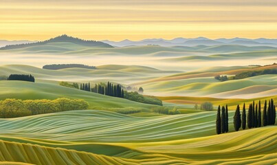 Obraz premium Misty sunrise over rolling green hills, ideal for nature backgrounds