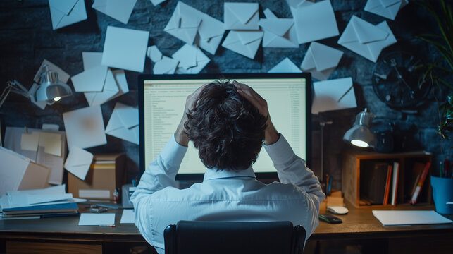 An overworked employee at a cluttered desk, head in hands, as countless emails flood their screen, capturing stress and burnout.
