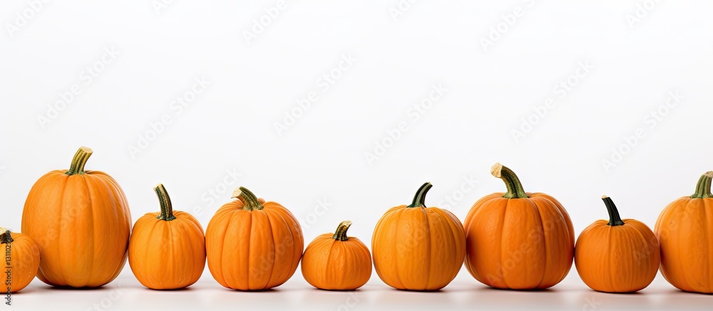 Poster Flat lay of vibrant orange pumpkins arranged in a row on a clean white background with ample copy space for advertisements or messaging.