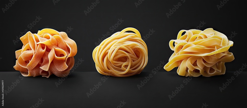 Poster Three varieties of colorful pasta displayed in a row against a black background with ample negative space for logo placement on either side