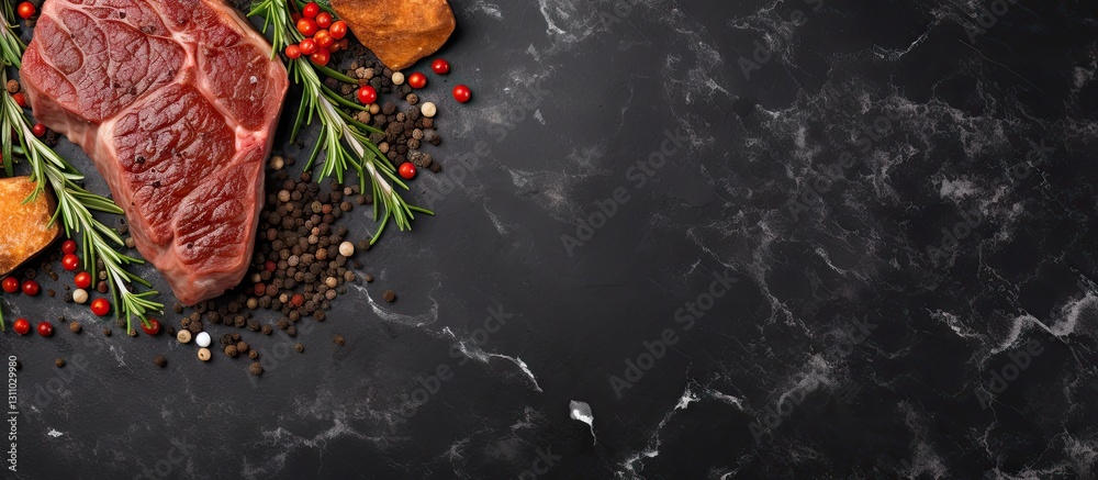 Aufkleber top view of a raw ribeye beef steak surrounded by assorted spices and herbs on a black marble backgr