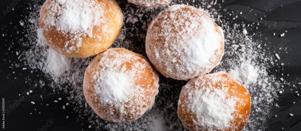 Aufkleber delicious homemade doughnuts dusted with powdered sugar arranged on a dark surface with ample white 