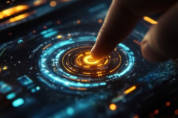 Obraz premium A close-up of a corporate executive's finger pressing a compliance button on a holographic screen.