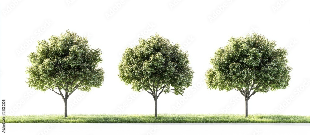 Aufkleber Lush green trees lined up in a bright park setting with vibrant foliage against a clear background showcasing nature's beauty and serenity.