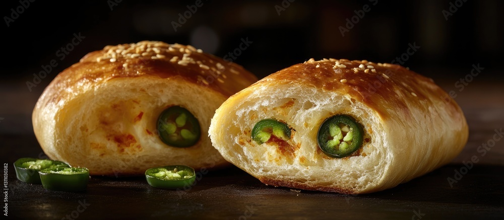Poster Golden brown jalapeno bread rolls positioned center with sliced jalapenos in the foreground, dark background enhancing textures and warmth.
