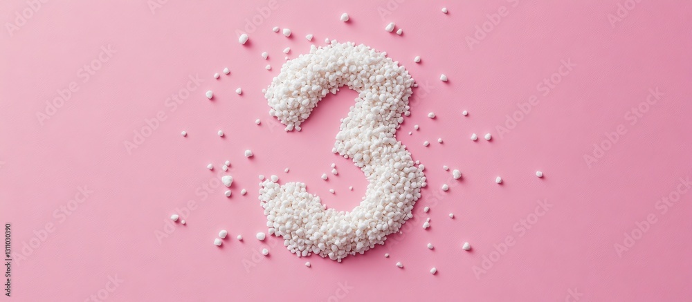 Aufkleber white numeral three crafted from gravel on soft pink pastel background seen from above, highlighting