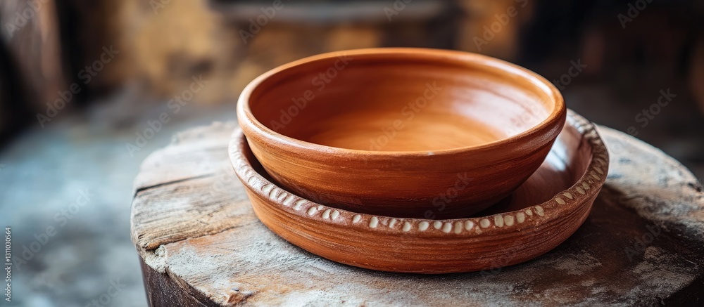 Poster rustic top view of two brown clay baking pans placed on a weathered wooden surface with a blurred ba