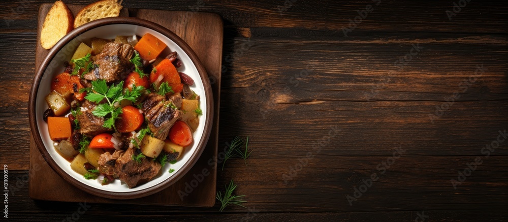 Poster Bowl of hearty meat stew with colorful vegetables on a rustic wooden surface; ample copy space on the left for text and branding.