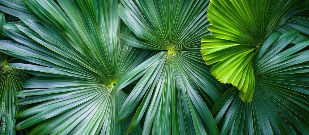 Poster lush green tropical palm leaves create a vibrant textured background with varying shades of green, f