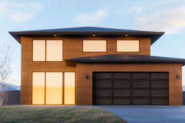 Modern two-story house with large windows and garage at sunset