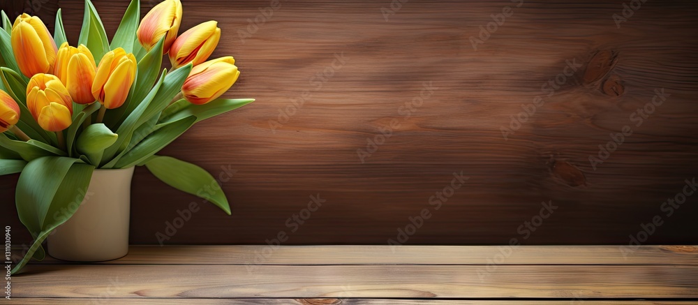 Poster vibrant yellow tulips in a white pot positioned on a rustic wooden table with dark brown wood backdr
