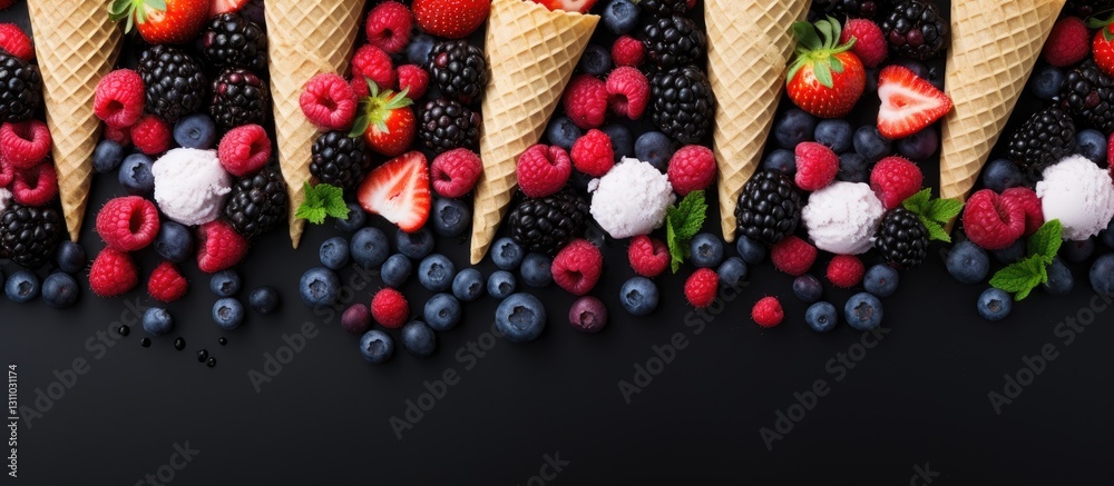 Aufkleber Colorful ice cream cones with assorted berries arranged on a dark background creating a vibrant copy space for promotional use.