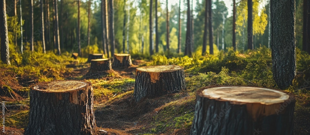 Aufkleber forest scene featuring freshly cut tree stumps surrounded by lush greenery and dappled sunlight filt