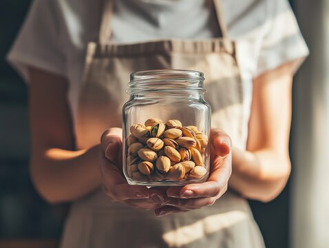 Woman holding a glass jar with pistachios in warm natural lighting, selective focus
