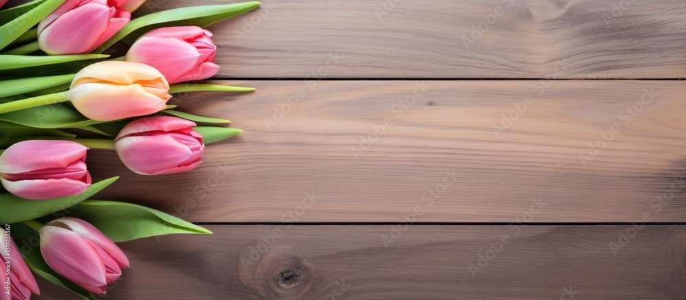 Aufkleber Pink and yellow tulips arranged on a textured wooden table with ample space on the right for text or additional design elements