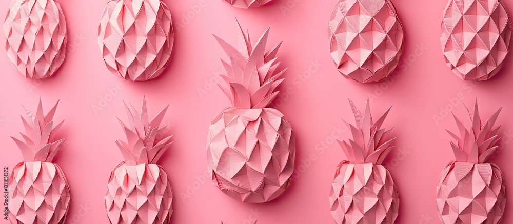 Poster colorful origami pineapples arranged in a geometric pattern on a soft pink background showcasing vib