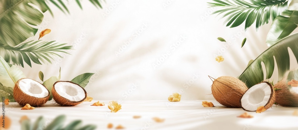Poster tropical coconut halves and green palm leaves on a light background with subtle shadows creating a s