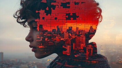 Brain-shaped puzzle overlay on a business leaders portrait, concept of neurodiversity and problem-solving, double exposure, copy space