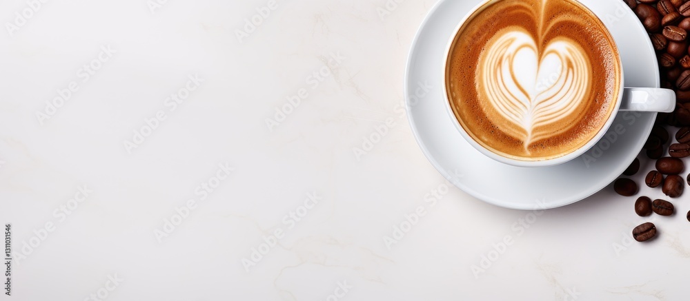 Poster latte art in a white coffee cup with heart shapes, surrounded by coffee beans on the right, offering