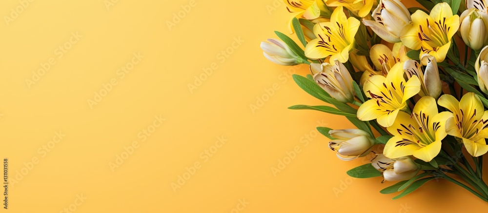 Aufkleber top view of vibrant yellow alstroemeria flowers arranged in a bouquet on a bright yellow background 