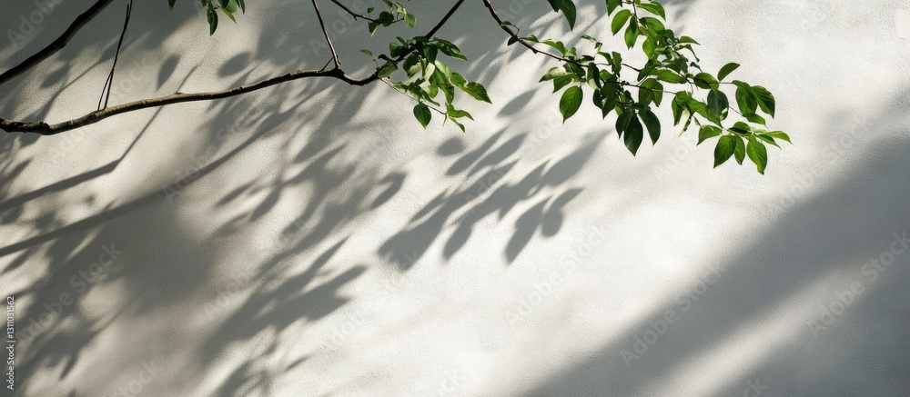 Fototapete branches with green leaves casting shadows on a white concrete wall creating a serene and calming at