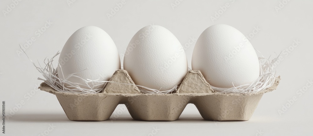 Poster Three white eggs in a beige cardboard tray with soft nest-like fibers against a smooth white background emphasizing their simplicity and elegance