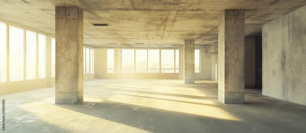 Poster spacious empty room featuring concrete pillars and large windows with soft sunlight creating a warm 