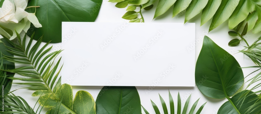 Aufkleber aerial view of assorted green leaves framing a blank white card centered for text, emphasizing a fre