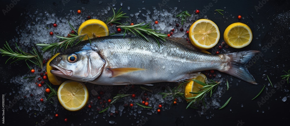 Poster fresh fish atop a dark surface surrounded by lemon slices and herbs with a sprinkle of sea salt crea