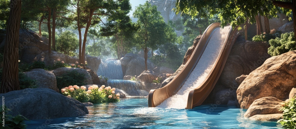 Leinwandbilder tranquil water slide nestled in lush greenery with soft sunlight cascading, creating a serene scene 