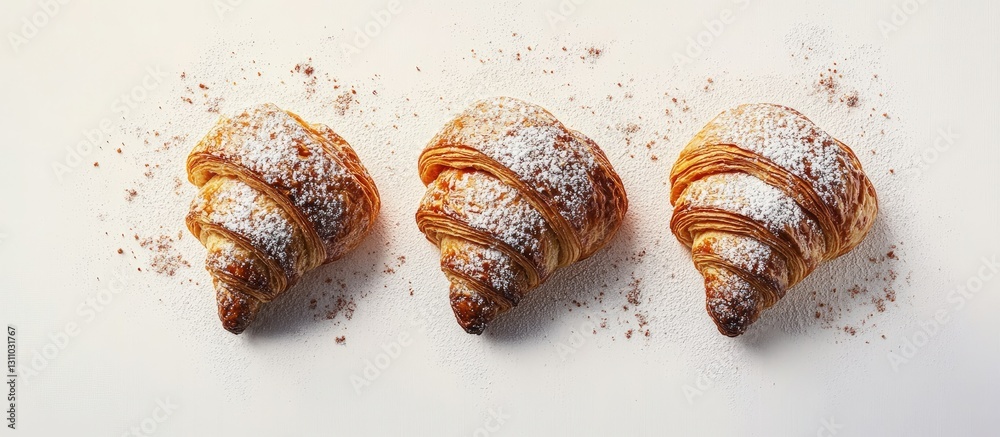 Poster Three golden croissants dusted with powdered sugar arranged in a row on a light background, complemented by scattered sugar creating a delightful display.