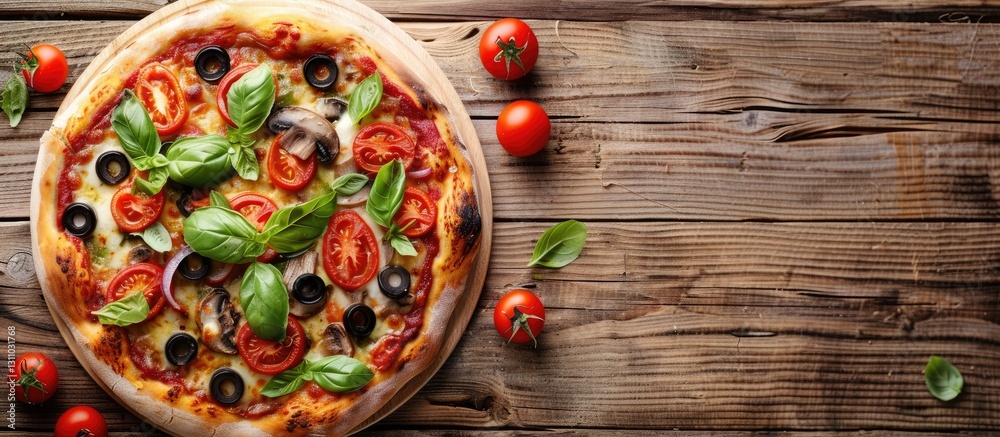 Poster delicious pizza topped with tomatoes, mushrooms, black olives, and fresh basil on a wooden table wit
