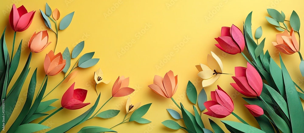 Poster colorful origami tulips crafted from paper arranged artistically with green leaves on a vibrant yell