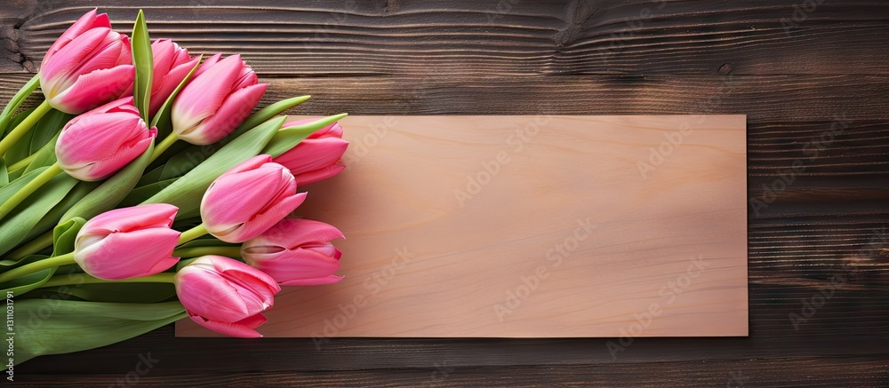 Poster pink tulips arranged beside a blank card on a rustic wooden surface with ample copy space for design