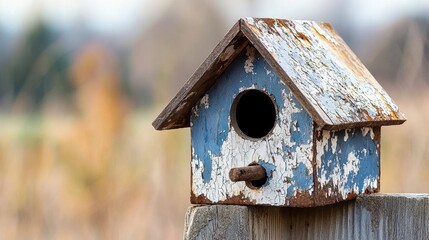 A weathered blue birdhouse with a rusted roof and a small window sits on a wooden post.