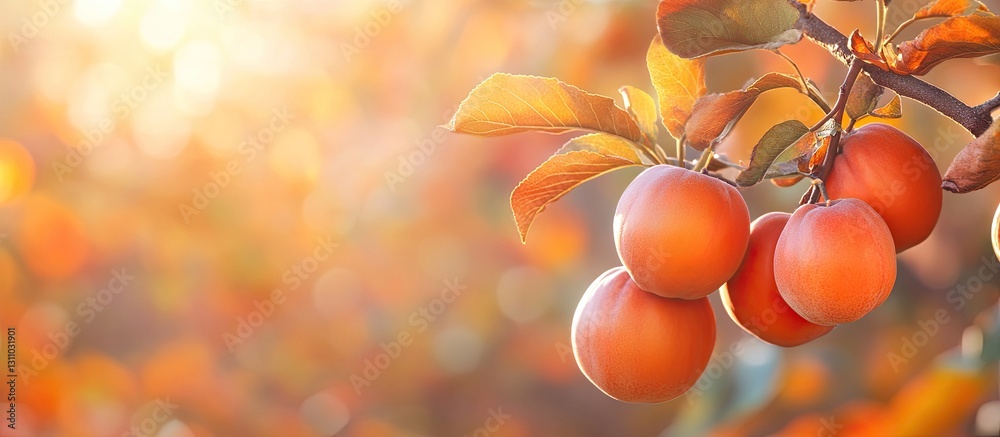 Poster ripe persimmons hanging from branches with vibrant orange and yellow leaves in soft golden sunlight 