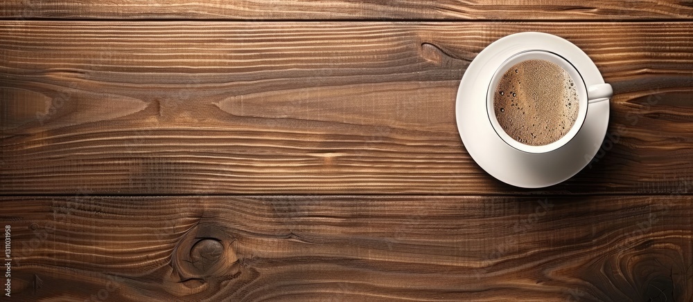 Poster Aerial view of a white coffee cup filled with rich coffee atop a rustic wooden table with ample empty space for text on the left side