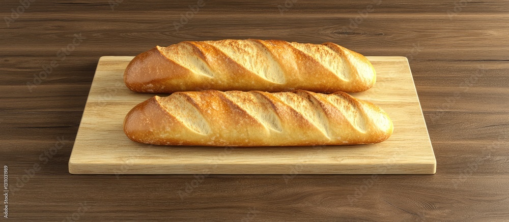 Poster Golden-brown baguettes resting on a rustic wooden board with a smooth surface captured from above creating a warm bakery atmosphere
