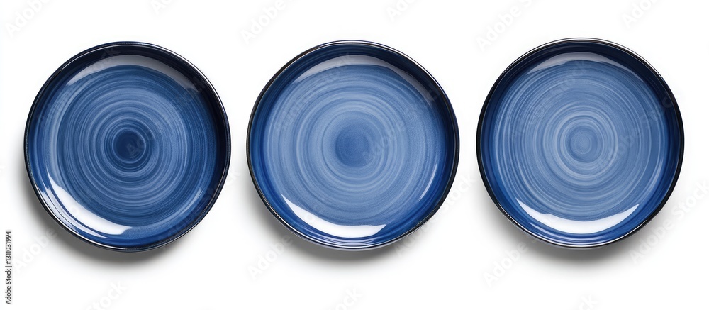 Poster Ceramic plates in varying shades of blue arranged in a row on a white background showcasing a smooth circular design and glossy finish.