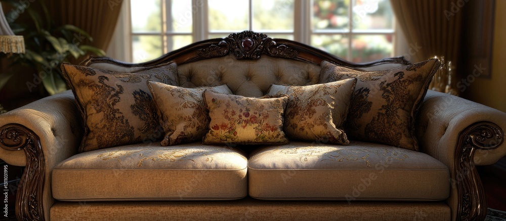 Poster Elegant vintage sofa adorned with decorative pillows in muted tones; positioned centrally in a well-lit room with windows in the background.