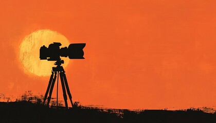 Silhouette of camera on tripod at sunset