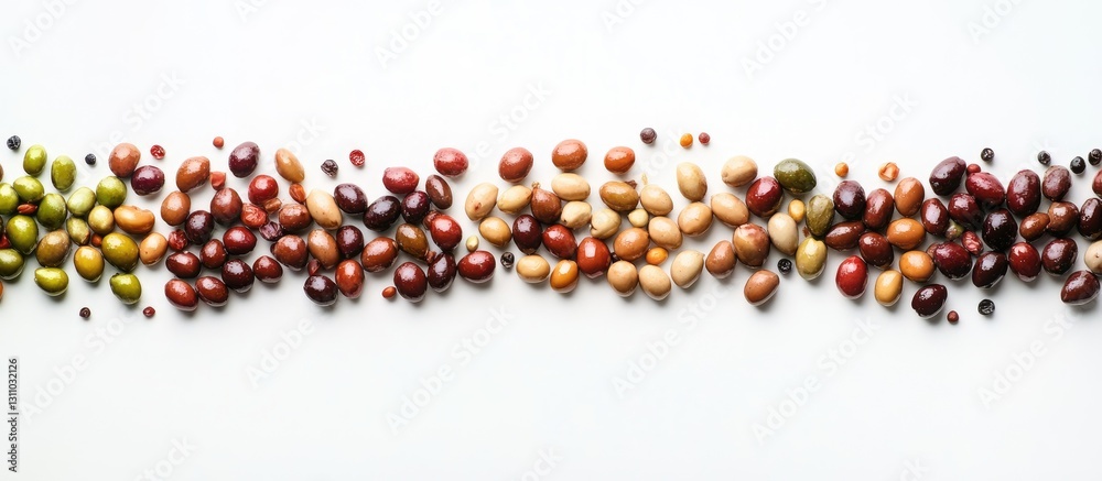 Poster Assorted olives in green, brown, and black hues arranged in a linear pattern on a pristine white background creating a fresh culinary vibe.