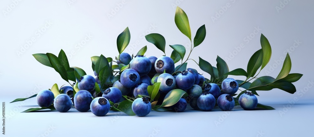 Aufkleber Fresh blueberries with green leaves arranged in a clustered composition on a soft blue gradient background creating a visually appealing aesthetic