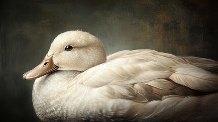 51.A detailed portrait of a domestic Call Duck, with its eyes gleaming in the light, a slight tilt of the head, and a soft expression as it gazes directly at the viewer.